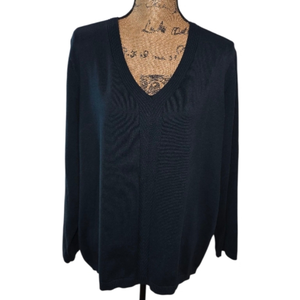 Talbots Plus V Neck Long Sleeve Sweater Hunter Green Herringbone Trim Size 3X‎